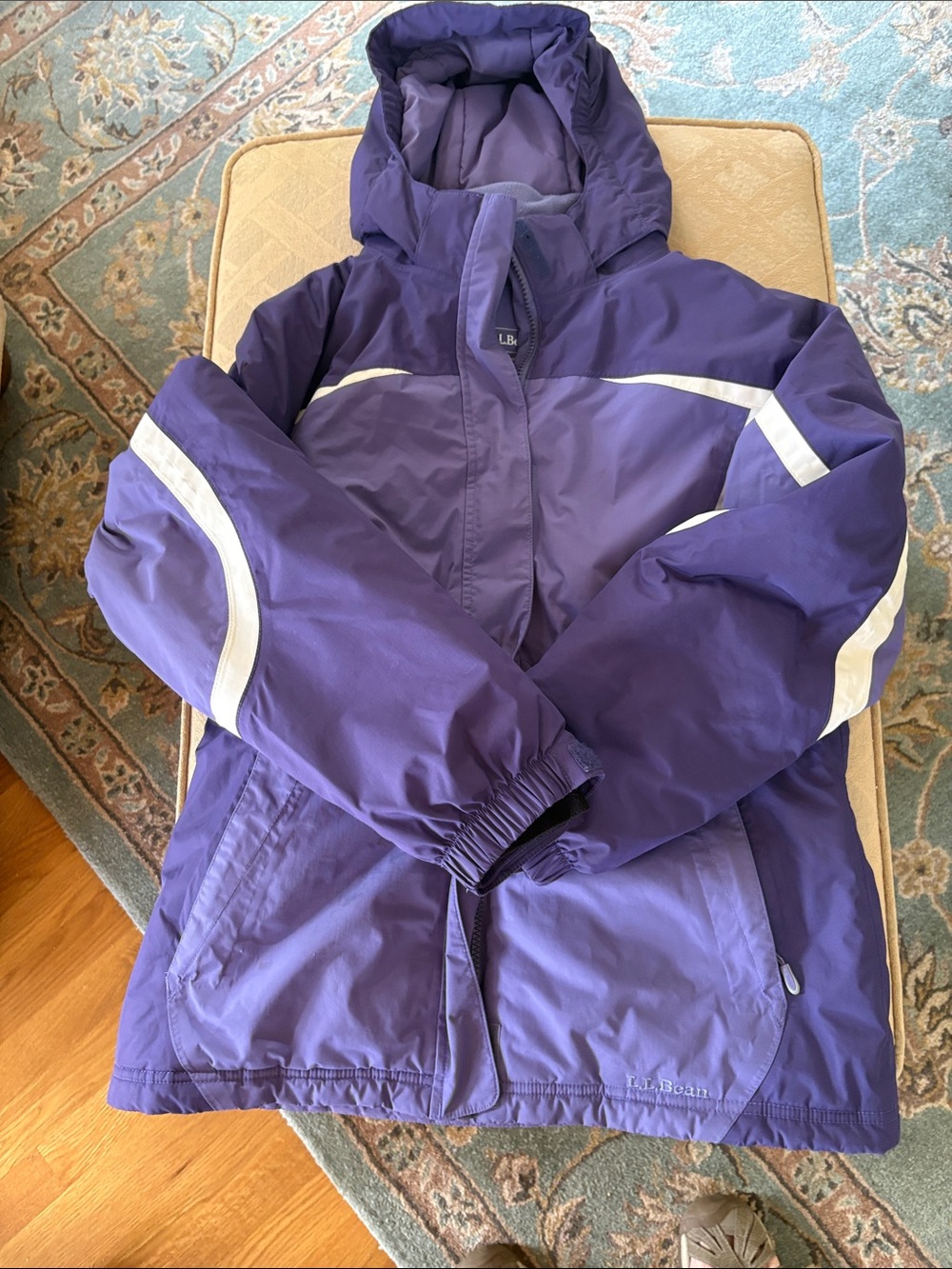 L.L. Bean Purple Girls' Hooded Puffer Jacket with White Accents. L ( 14-16).